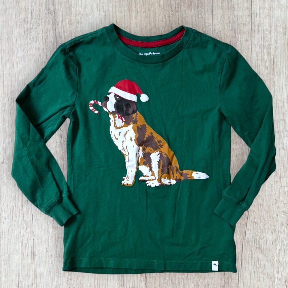 TOMMY BAHAMA Boys St Saint Bernard Dog Green Candy Cane Christmas Shirt M 7 8